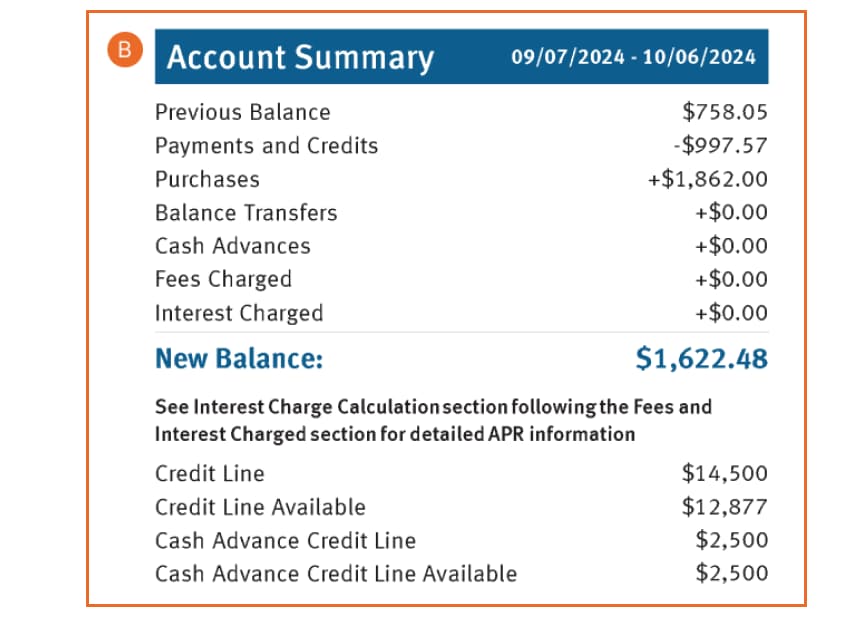 Account summary section of a Discover<sup>&reg;</sup> credit card statement with numbers for payments, credits, interest, and other categories. 