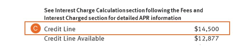 Example showing the credit line information on a Discover<sup>&reg;</sup> credit card statement.