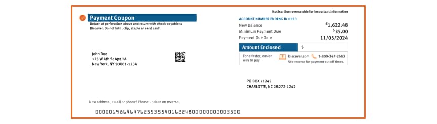 A payment coupon found in a Discover<sup>&reg;</sup> Card statement, including the amount due and due date.