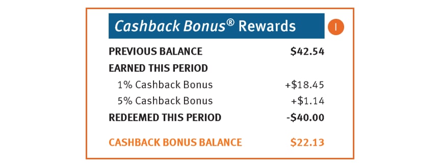 Example of the Cashback Bonus<sup>&reg;</sup> Rewards section found in a Discover<sup>&reg;</sup> Card statement.
