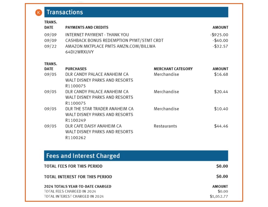 The “transactions” and “fees and interest charged” sections of a Discover<sup>&reg;</sup> Card statement. 