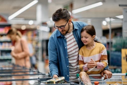Father and daughter shop at the supermarket.