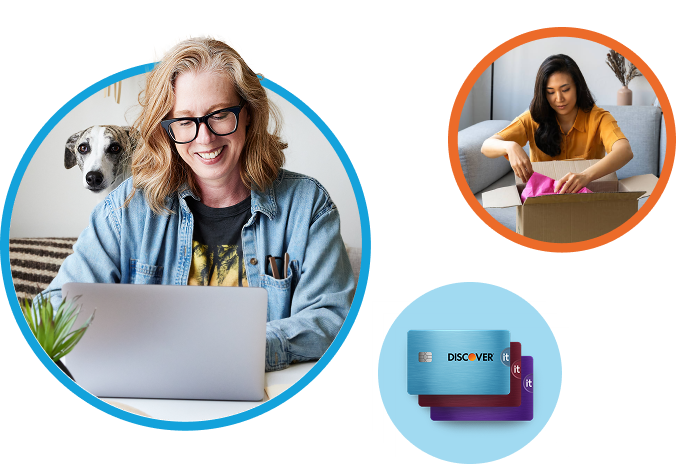 Collage of 3 images: woman shopping online with her virtual credit card; another woman opens a cardboard box at home; a stack of 3 Discover® credit cards.