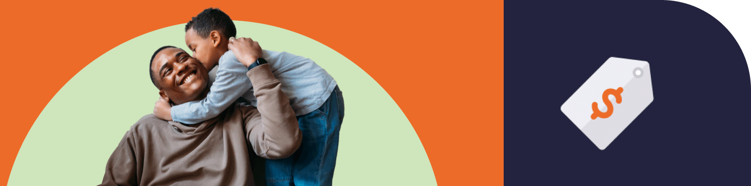 Young boy hugs his seated grandpa around the neck and kisses his cheek