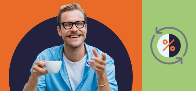 Man wearing glasses, drinking from a large mug and pointing