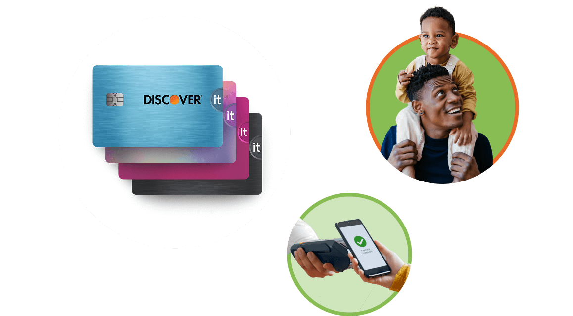 Discover credit cards in various colors, a father with a child on his shoulders, and a hand holding a phone showing a payment app