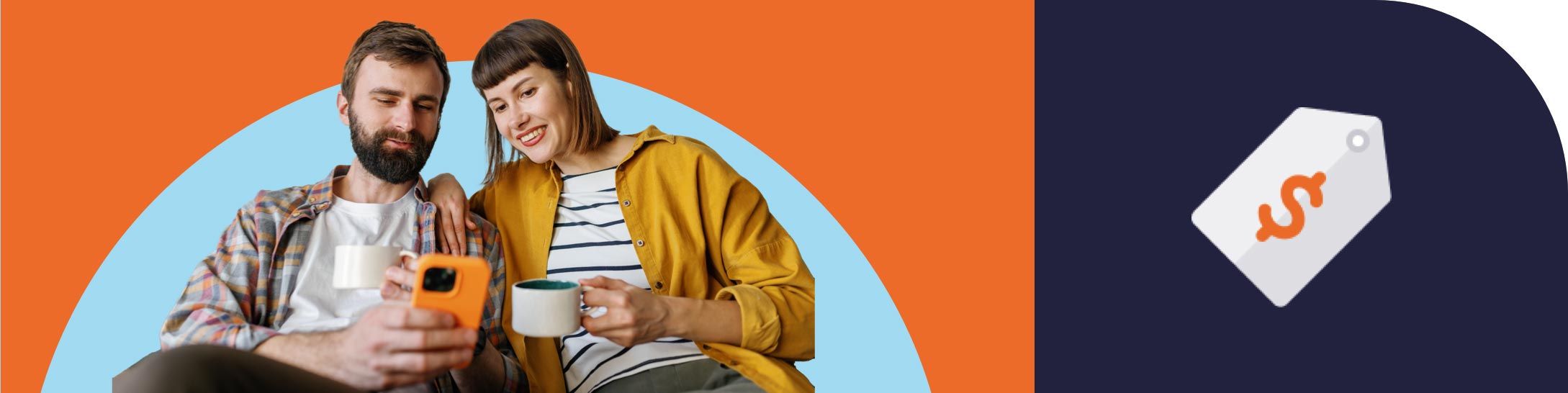 A man and woman sitting together each holding a mug while looking at the man's phone