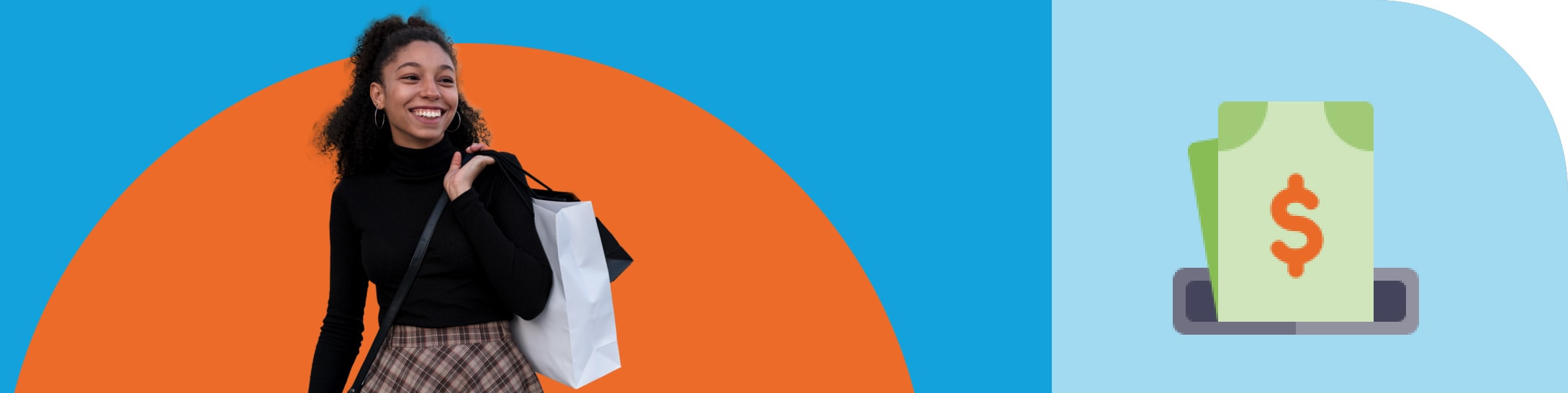 Young girl laughs while carrying a shopping bag and purse