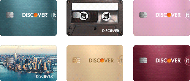 Six Discover it® Cash Back Credit Cards with different designs, including slate grey, tropical beach, pink, cityscape, gold, and maroon backgrounds.
