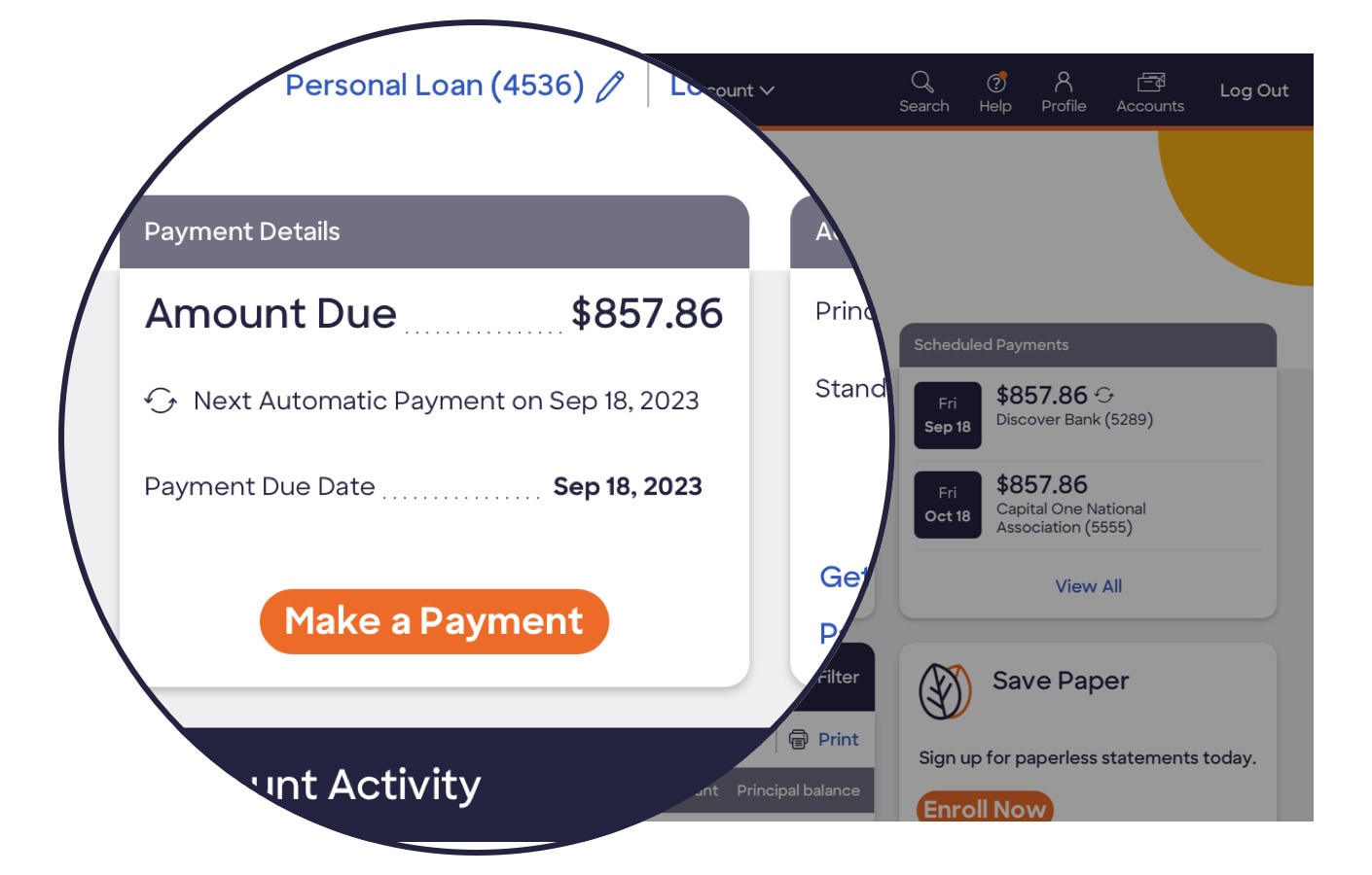 Close up view of the payment details section on Discover Personal Loans account center home page, presenting key information like amount due, payment status, payment due date, and “Make a Payment” button.