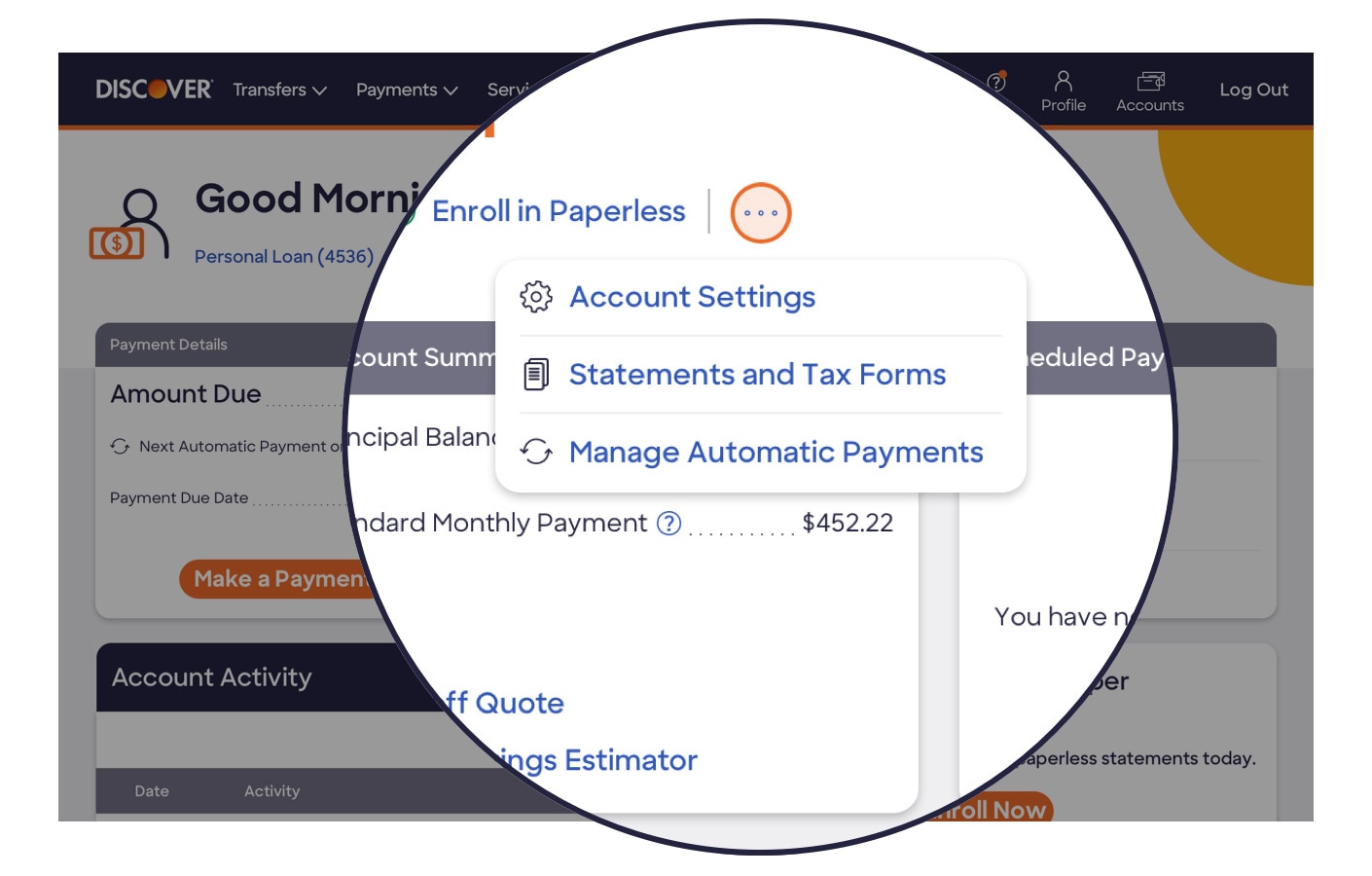 Close up view of the Discover Personal Loans account center quick links menu showing drop down options for account settings, statements and tax forms, and manage automatic payments.