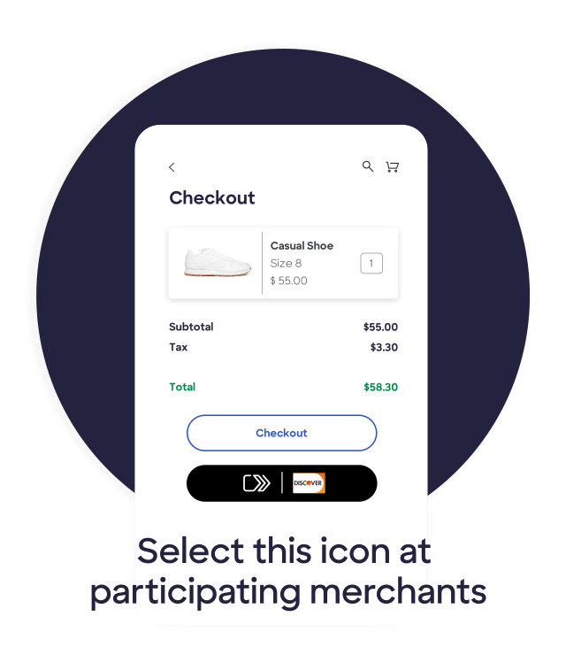 A gif that shows how to complete a purchase using Discover Click to Pay