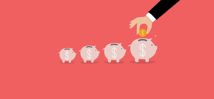 An illustration of 4 piggy banks getting bigger each time with a hand dropping a gold coin into the bigger one.