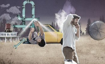 A collage of a man having emergencies.