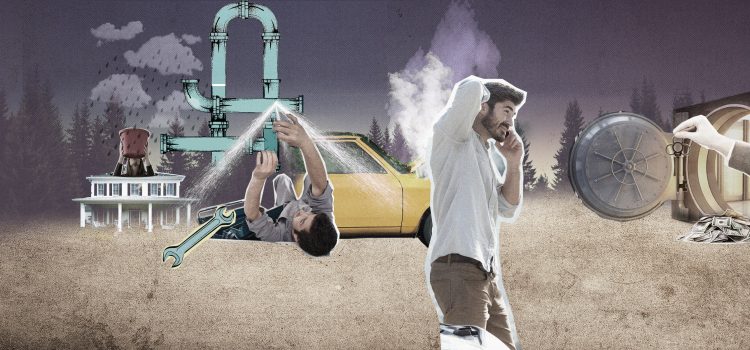 A collage of a man having emergencies.