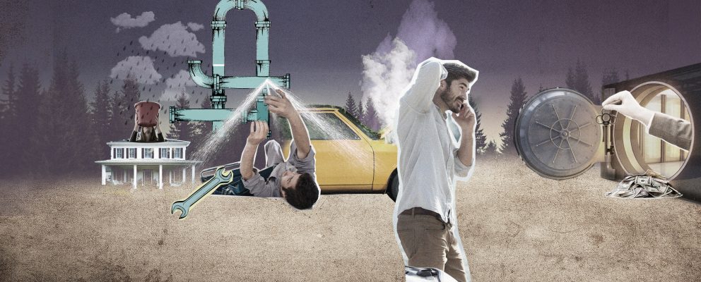 A collage of a man having emergencies.