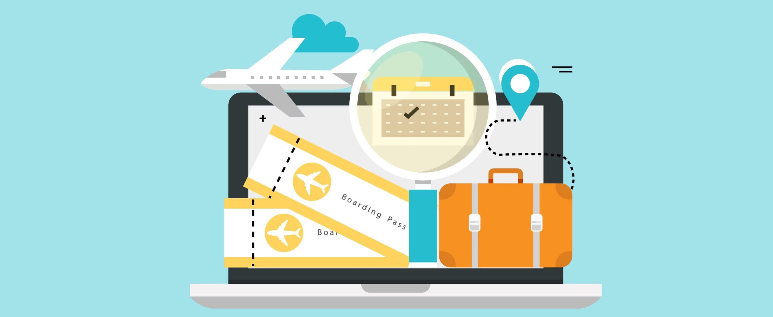 Illustration showing an airplane, calendar, plane tickets, and a suitcase, against a backdrop of a laptop computer.
